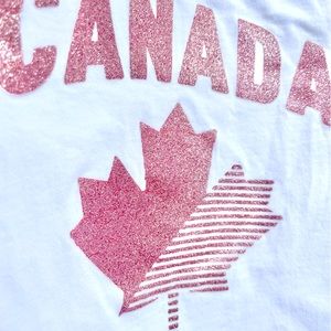6/$20💥NEW 🇨🇦 Canada Glitter Maple Leaf Tee, White & Coral Pink, Short Sleeve